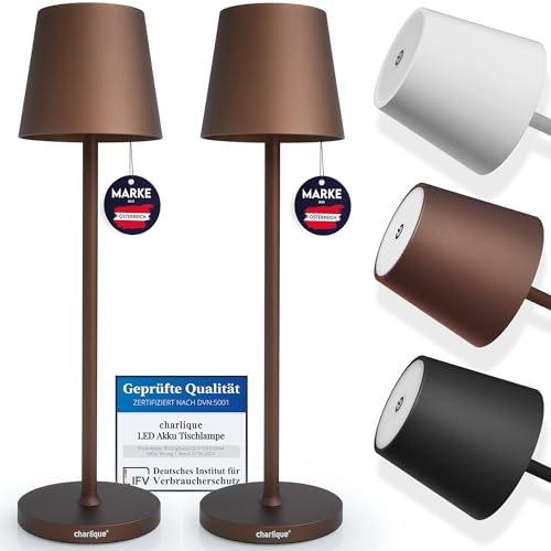 charlique® LED Tischlampe kabellos (Doppelpack) - Dinner Light braun 38 cm - Premium Akku Tischleuchte mit USB, aufladbar, warmes Licht, indoor & outdoor geeignet