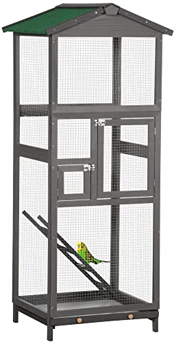 PawHut Vogelkäfig Voliere aus Massivholz groß 2 Türen Asphaltdach herausnehmbare Schublade - 68 x 63 x 165 cm grau