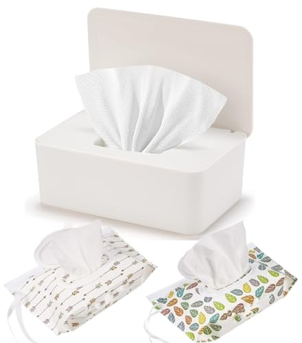 Feuchttücher Box Set, 1 Feuchttuchbox & 2 Tragbare Feuchttücher Tasche | Wiederverwendbarer Nachfüllbarer Großer Feuchtuchspender, Toilettenpapier Box für Badezimmer, Küche, Büro und Haustiere