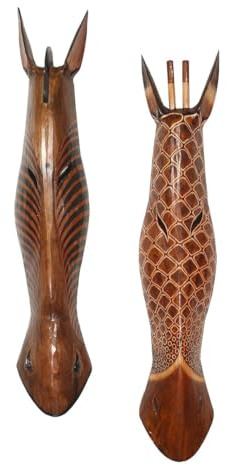 Oriental Galerie 2er Set Giraffe Zebra Wandmaske Holzmasken Maske Afrika Handgeschnitzte Exotische Tiermaske ca. 100 cm