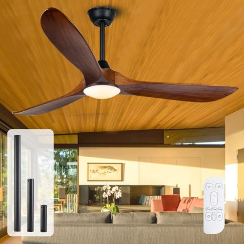MSHENUED 132cm Deckenventilator aus Holz für draußen mit Licht und Fernbedienung, Deckenventilator mit 3 Flügeln und hohem Luftstrom mit DC-Motor, leiser Deckenvetilator für Wohnzimmer, Schlafzimmer