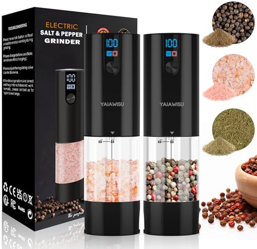 YAIAWISU Molinillos de Sal y Pimienta Eléctricos, Juego de 2 (Pantalla LED, Gran Capacidad de 120 ml), Molinillo de Especias Eléctrico para Cocinas y Restaurantes (Negro * 2)