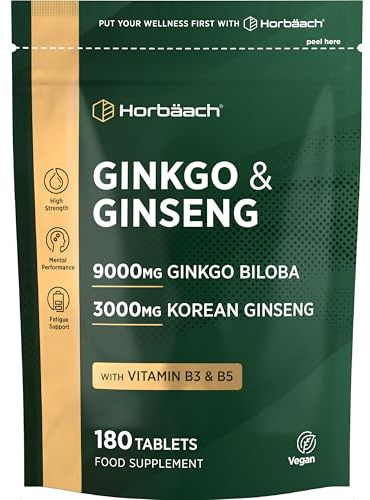 Ginkgo Biloba + Ginseng 12.000mg | Ginkgo 9000mg & Korean Ginseng Root 3000mg | Alta Potencia | 180 Comprimidos Veganos | by Horbaach