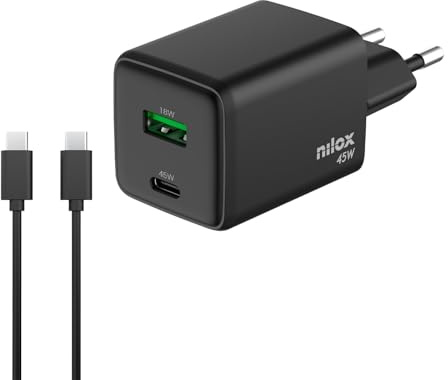 Nilox, Cargador Universal con 1 Puerto Tipo C y 1 Tipo A de 45W, con Cable de 2m USB-C, Protección contra Cortocircuitos, Sobretensiones y Sobrecargas, Negro