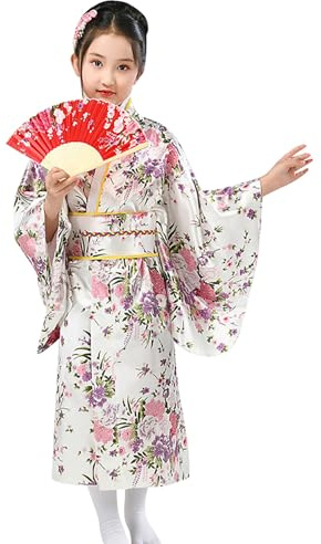 Kimono Japonais Enfant, Robe Yukata Japonaise Kimono Enfant Imprimé Peignoir Long Robe Chinoise de Chambre Fille Gamins Traditionnel Classique Vêtements Soie Tissu Peignoir Mariage Performance Robes