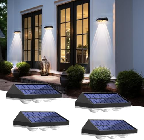 Luci Solare Esterno Giardino, LED Lampada da Parete Solare, 3 Modalità di Temperatura del Colore, IP65 Impermeabile, Applique da Esterno Solari, per Esterni Parete, Balcone, Recinzione, 4 Pezzi