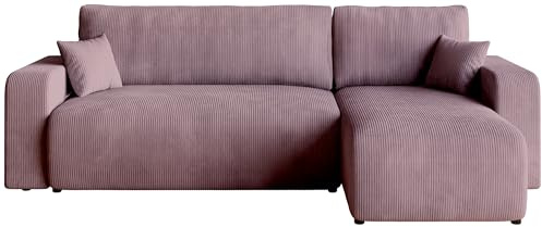 BROMARKT Ecksofa mit Schlaffunktion Kissen und Bettkasten L-Form Rosa | Schlafsofa mit Bettkasten 244x148x82cm Sofa Couch Sofabett freistehend Cord 3 sitzer Eckcouch für Wohnzimmer PUMI L