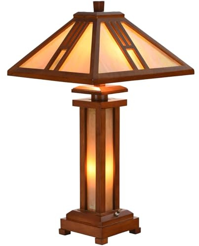 Bieye L30796 Lampe de table de style Mission Tiffany en vitrail avec base en bois, hauteur 66 cm