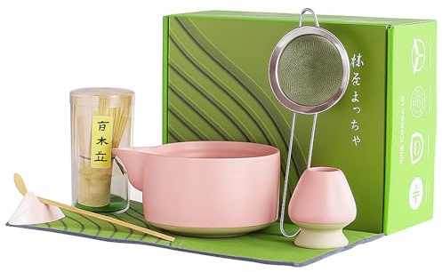 Matcha kit,7 Piezas kit Matcha Juego de batidores de matcha Tazón de matcha con pico Batidor de matcha de bambú (Chasen) Cuchara para batidorJuego de te japonés (Rosa)