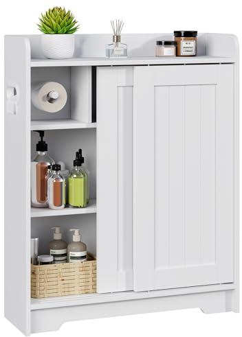 Kaukinye Bathroom Floor Cabinets, Slim Bathroom Storage Cabinet with Sliding Door, Ideal for Toilet Paper Holder, Adjustable Shelves, Next to Toilet Solid Cabinet for Bathroom,Kitchen,White