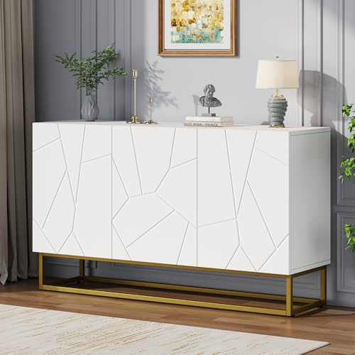SUKY Hochglanz Sideboard, Modernes Anrichte Schrank Buffetschrank Sideboard mit 4 Fächern,Breite 130 cm, Weiß+Gold