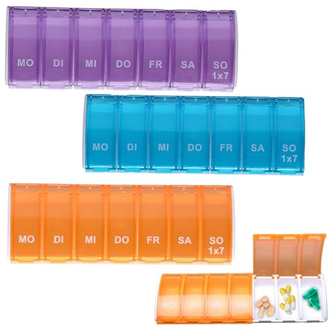 Pilulier Semainier Français 7 Jours, 3pcs Pilulier 7 Jours Semainier Medicament Boite Medicaments Rangement Grande Capacité 7 Compartiments Sans BPA Boîte à Pilules Facile à Ouvrir(Bleu Violet Orange)