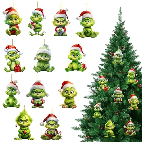 Decorazioni Natale G-rinch 12 Pezzi Decorazioni Natalizie Decorazione Natale Albero Decorazioni per Albero di Natale in Acrilico 2D da Appendere, per Albero di Natale e Festa la Casa Decorazioni