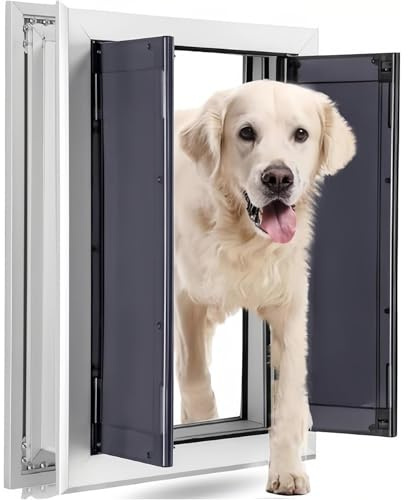 Aluminium Hundeklappe für große Hunde bis 45 kg, Hundetür groß mit 2 selbstschließenden Magnetklappen, Einschubplatte & Sicherheitsschloss, Wind- und regendicht für Tür & Wand, Silber,41 * 54cm
