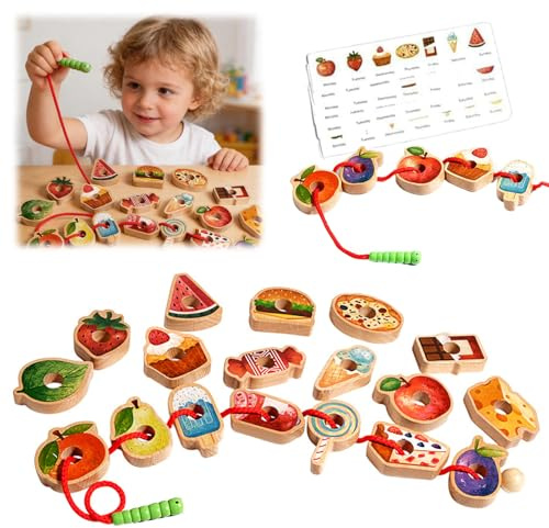 KERANEET Montessori Spielzeug ab 1 2 3 Jahre Holzspielzeug Fädelspiel Lernspielzeug Holzperlen Einfädeln Spielzeug Holz Lernspielzeug für Kleinkinder ab 1 Jahren Geschenk Mädchen Junge 1-3 Jahre