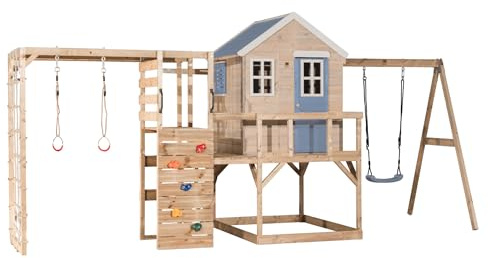 Wendi Toys M23PB-G Cabane sur pilotis avec Toboggan, balançoire, Mur d’Escalade & Filet, Maison de Jeu en Bois FSC pour Enfants, 197×508×242 cm, avec échelle & Anneaux de Gymnastique, Bleu