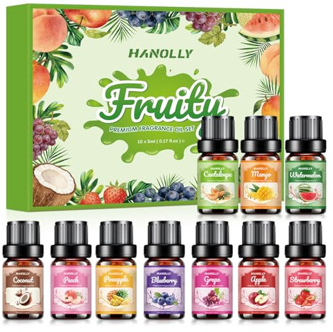Hanolly Fruchtiges Ätherische Öle Set, 10 x 5ml Duftöle für Diffuser, Kerzen - Erdbeere, Heidelbeere‌, Äpfel, Trauben, Ananas, Pfirsiche, Kokosnuss, Wassermelonen, Mangos, Cantaloupe