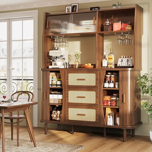 Ktipm Aparador Armario Cocina con Puerta Corredera y 3 Cajones, Aparadores Alacena de Cocina con Patas Ajustables y Portavasos, Mueble Aparador Mueble Auxiliar, 140x40.5x174.5 cm, Color Nogal