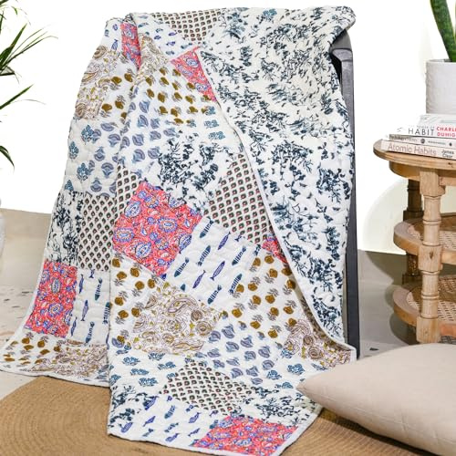 RAJRANG BRINGING RAJASTHAN TO YOU Mantas Acolchadas Reversibles – 127 x 152 cm de algodón Multicolor Mantas de Retazos Indios para sofá Cama y sillón decoración