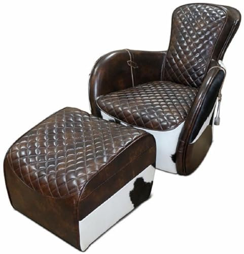 Casa Padrino Echtleder Wohnzimmer Sessel mit Fußhocker Dunkelbraun/Weiß/Schwarz/Silber - Wohnzimmer Möbel - Echtleder Möbel