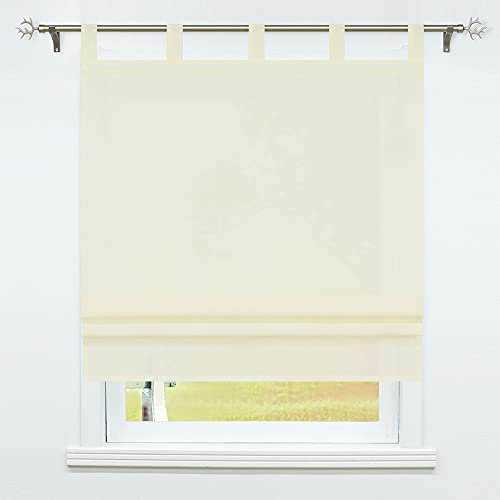 SCHOAL Raffrollo mit Schlaufen Raffgardine Transparent Küche Gardinen Schlaufenrollo Leinen Vorhänge Uni Beige BxH 100x140cm 1 Stück
