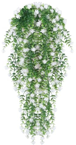 HBell 2Pcs Artificial Hanging Flowers,UV-Resistant Fake Hanging Plants Flower Bouquet Hanging Vine Plants Drooping Plants for Wall Home Garden Yard Patio Wedding Indoor Outdoor Decoration (White)