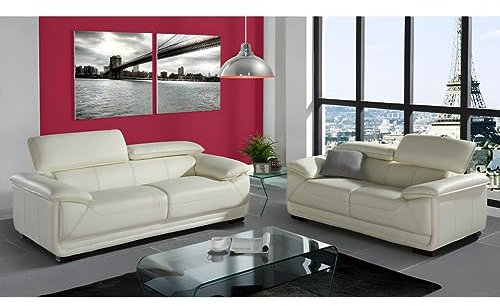 Vente-unique-Couchgarnitur Leder 3+2 - Elfenbein - MACELO