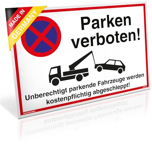 Schild Parken verboten | PVC 30 x 20 cm | Unberechtigt parkende Fahrzeuge werden kostenpflichtig abgeschleppt! weiß | stabiles PVC Schild mit UV-Schutz | Parkverbot | Dreifke®