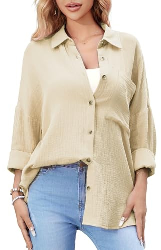 Stamain Camicia Donna Cotone Maniche Lunga Bluse e Camicie da Donna Beige Estiva Casual Camicia Grigio con Bottoni Oversize Camicette Curvy per Matrimonio Beach XL