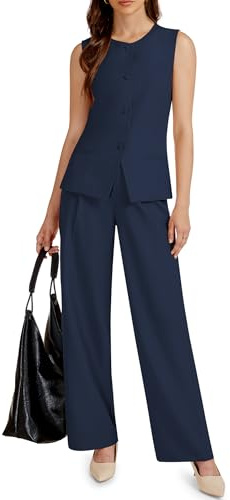 Casly Lamiit Two Piece Sets for Women Dressy Business Suit Set Sleeveless Blazer Vest Pants with Pockets Trendy Outfits Professional Clothes Navy Blue S