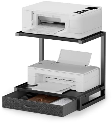 OYRREU 2-stöckiger Schreibtischdruckerständer mit Stoffschublade und offenem Regal, Druckertisch mit Stauraum für Heimbüro, 3D-Drucker, Faxgerät, Scanner, Schwarz