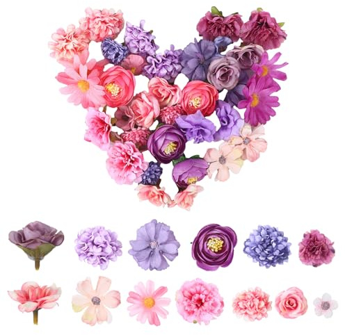 Yylaiire 40 Stück Kunstblumen Wie Echt, Kunstblumen zum Basteln Kunstblume Wie Echt, Seidenblumen Set Künstlich Blumenköpfe (Lila+Rosa)