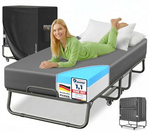 KESSER® Letto pieghevole 200x90cm Letto per ospiti incl. Materasso in memory foam e rotelle | letto da viaggio pieghevole con telaio in metallo per adulti portata fino a 250kg | Letto in metallo con