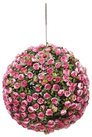 KHAPALWAK Artificial Topiary Rose Ball Hanging Decor – 28cm UV Protected Faux Flower Plant with 30cm Chain Rose Topiary Hanging Flower Ball for Garden Balcony Wedding & Indoor Outdoor Use