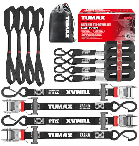TUMAX 4Pcs Ratchet Tie Down Straps for 2200lb Break Strength, 1” x 15FT Tie Down Straps with Soft Loop & Safety S Hook - Cargo Strap Tie Down for Trucks, Motorcycle, Moving, Appliances, Black