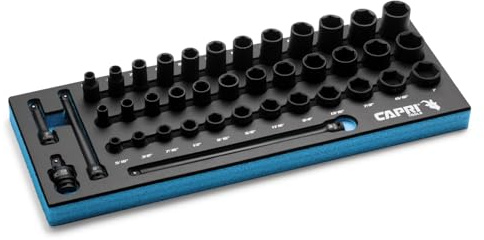 Capri Tools Drive Master - Juego de llaves de vaso de impacto poco profundas y profundas con extensiones y junta universal, SAE, 5/16 a 1 pulgada, 40 piezas con bandeja mecánica
