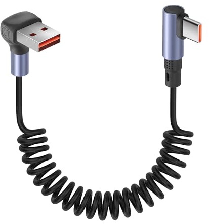 YACSEJAO Spiralkabel från USB A till USB C, 90 grader, 1 m, 6 A/65 W, snabb laddning och dataöverföring, kort USB-kabel av typ C med rät vinkel för telefon, PC, Android-bil (USB A med vinkel)