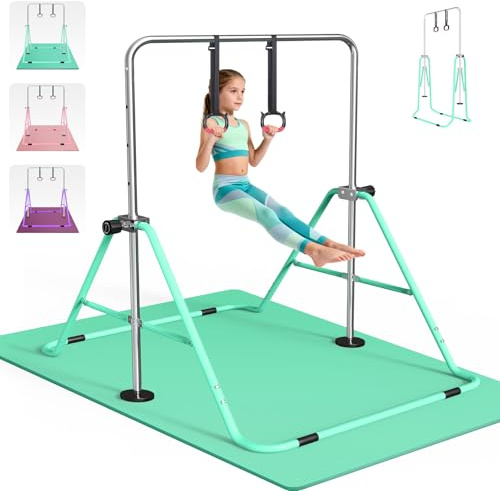 FBSPORT Barra da ginnastica con tappetino per bambini, barra orizzontale pieghevole regolabile in altezza, attrezzatura per allenamento ginnico per uso interno ed esterno, supporta 63,5 kg