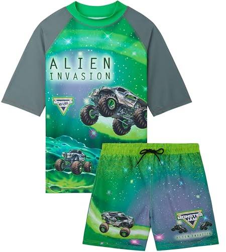 Monster Jam Boys Swim Suit Set 4-12 Yrs, 2 Pcs Swimming Costume with Shorts, UPF 50+ Beach & Pool Rash Vest & Swimming Trunks