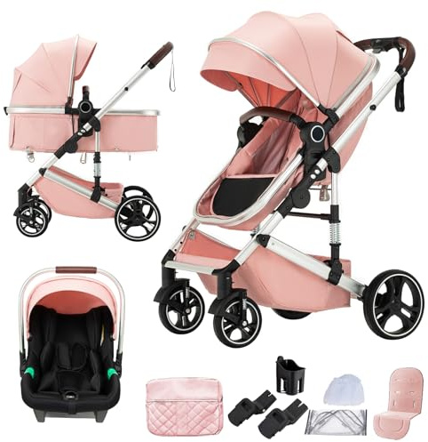 Shineey Passeggino trio, combinazione carrellino per bebè 3 in 1 passeggino cittadino con buggy pieghevole di lusso con carriola per bambini ad alta vista portatile con neonato (H9 PINK, H9)