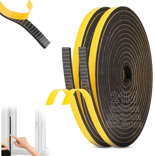 msymsyu 21M Junta Placa Vitroceramica 3 Rollo Goma Vitroceramica 10x6mm/6x1.5mm/6x3mm Junta Vitroceramicas Cinta Selladora Autoadhesiva Apta Para Puertas Electrodomésticos y Rejillas de Ventilación | Cinta adhesiva de espuma negra de 21 m de longitud total, para puertas, electrodomésticos, rejillas de ventilación