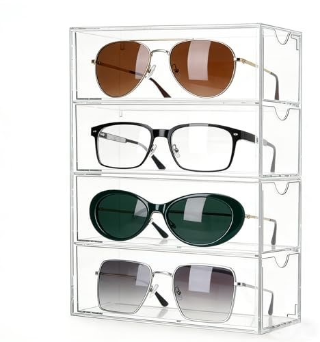 LIULINY 6.5x 17.5 x 24.5 cm Acry Sonnenbrillen Aufbewahrung Transparentes | Brillen Aufbewahrungsbox mit 4 Vier Schubladen, Stapelbar Brillenbox für Mehrere Brillen, für Uhren,Kosmetik,Schmuckkasten