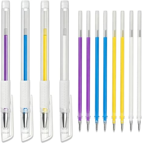 ZOMKIFA Liquid Marker Set 4 Farben Stoffmarker Stift Lila Gelb Blau Weiss Wasserlöslich Markierstift Nähen Stoffe Zubehör 2 Ersatzminen Pro Stift