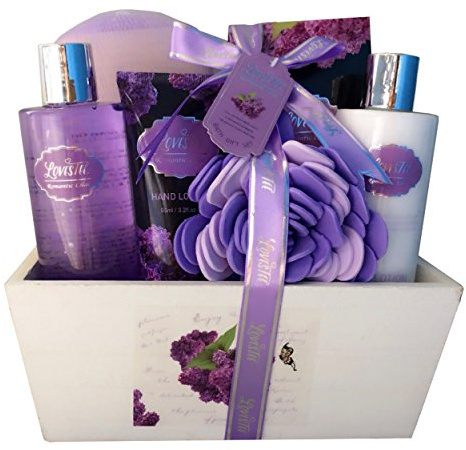 Spa Gift Basket with Lavender Fragrance and Lilac Color - Bath and Body Set Includes Shower Gel, Body Lotion, Hand Lotion, Bath Salt, Flower Sponge and EVA Sponge