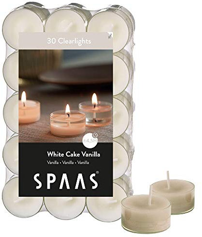 SPAAS 30 Duftenden Clearlights, Teelichter mit durchsichtigem Halter, ± 4,5 Stunden - White Cake Vanilla