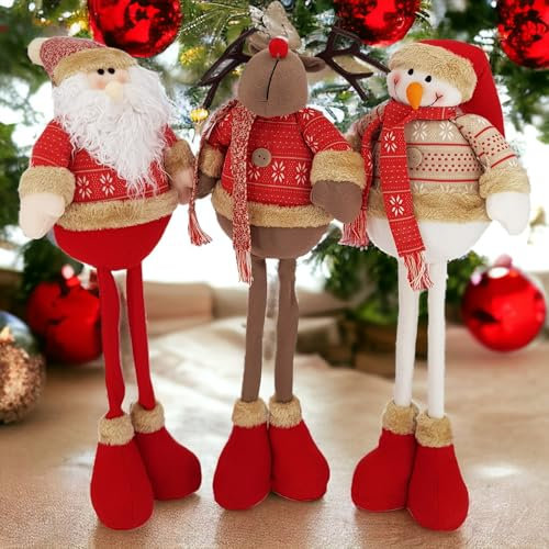 My-goodbuy24 Handgemachte Weihnachtsfiguren stehend mit Langen Beine - 56cm - Wichtel Santa Elch Schneemann - Weihnachts Deko für Home Skandinavisches Design Weihnachten Rot - 3er Set