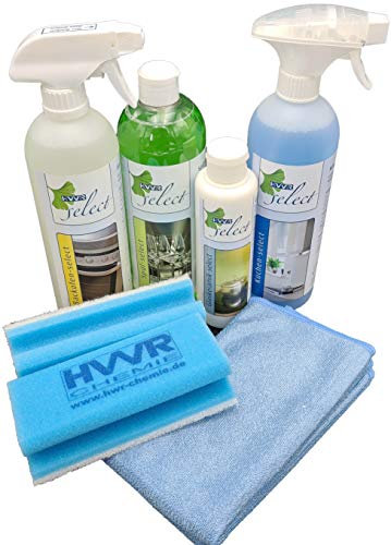 Reinigungs-Set Küche mit Fettlöser, Spülmittel, Glaskeramik-Reiniger, Backofenreiniger, 2 Stück Schwamm blau XXL, 2 Stück Mikrofasertuch blau