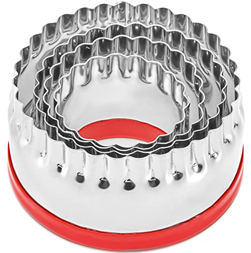 COOKIEQUE 4 Pieces Fluted Round Cookie Cutters, Ring Biscuit Cutters Set, Pastry Cutters for Scones, Unique Design Baking Tool with Protective Red PVC