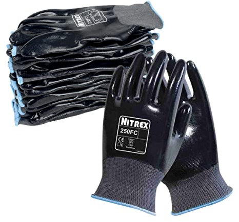 Nitrex 250FC Work Gloves - General Handling Safety Gloves - Resistant to Abrasions, Cuts, Tears, and Punctures - Full Nitrile Coating for Mechanical and Industrial Protection - 10 Pairs - Size 10