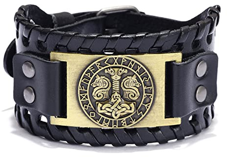 Thajaling Wikinger Lederarmband Nordisches Thors Hammer Odin Runen Totem breites Keltische Knoten-Manschetten-Armbänder, Vintage Rindsleder-Armband für Männer Frauen (Antike Bronze)
